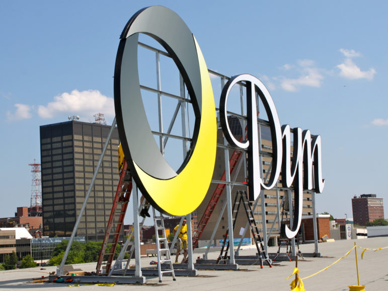 Dyn Inc. Sign, replaces the Pandora building sign and signals a new era in Manchester, NH.