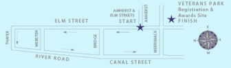 A fast USA Track & Field Certified (NH12006RF) 5K (3.1 mile) loop starting at Amherst and Elm Streets, heading north on Elm, west on Thayer, south on River Road and Canal Street and finishing on Merrimack Street, next to Veterans Park.