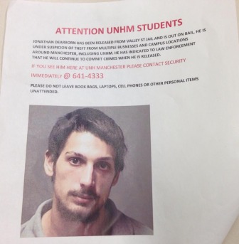 Unofficial wanted poster for Jonathan Dearborn, as seen on the UNH Manchester campus.