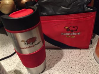 My travel mug and insulated food bag, unexpected swag for placing my first Hannaford To Go order.