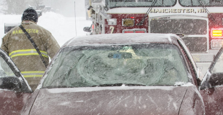 Windshield of 2003 Chevy Malibu, which struck a man shoveling on Huse Road Jan. 27.