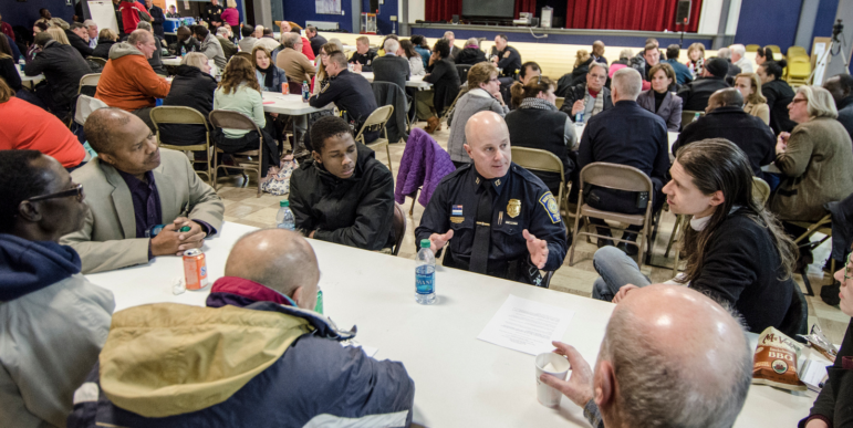 Officer James Flanagan during a community discussion on police and race relations in Jan. 2015.