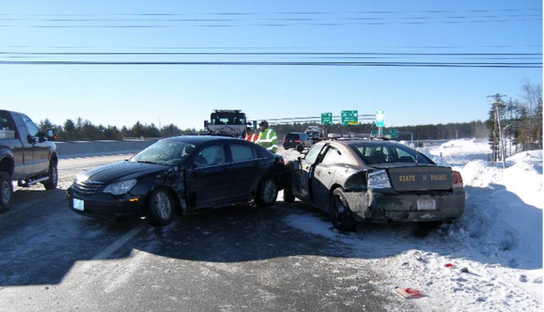 Aftermath of accident on Route 3 involving a State Police cruiser.