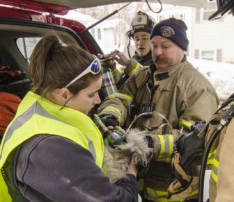 Dog received oxygen from AMR rescuer.