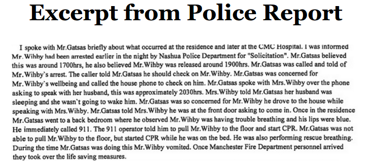 Excerpt from Manchester Police report of 911 call from David Wihby's home.