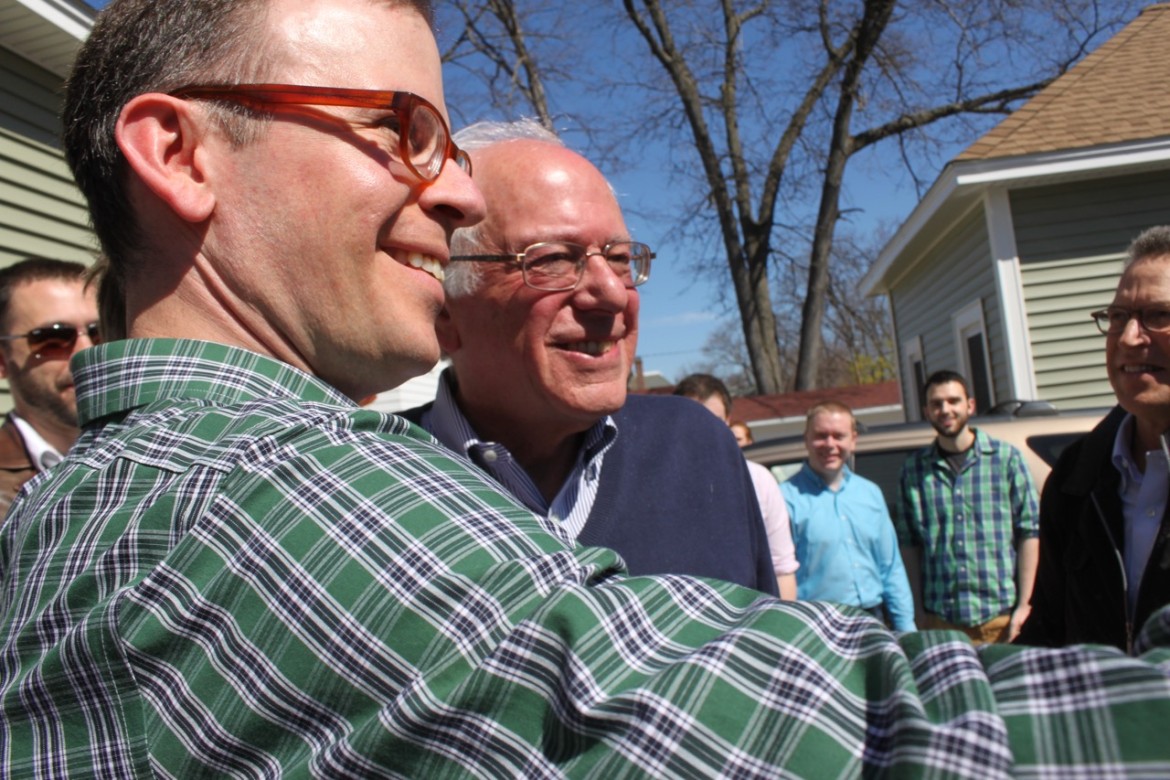 Will Stewart captures a selfie with Bernie Sanders at a Manchester house party on May 2.