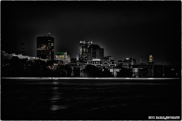 City skyline at night.