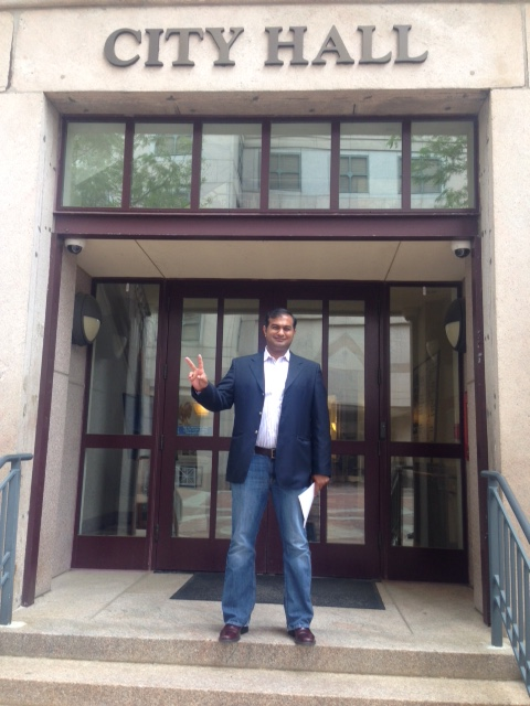 Jawed Alibaba Sheikh, a candidate for mayor, after filing his paperwork at City Hall in Manchester for the 2015 municipal election.