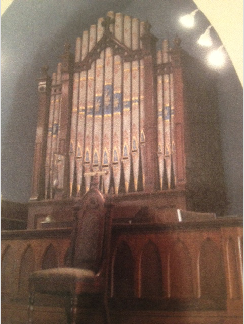 Photo of a photo of the circa 1870 George Ryder Opus 32 pipe organ at Community United Methodist Church in Byfield, MA.