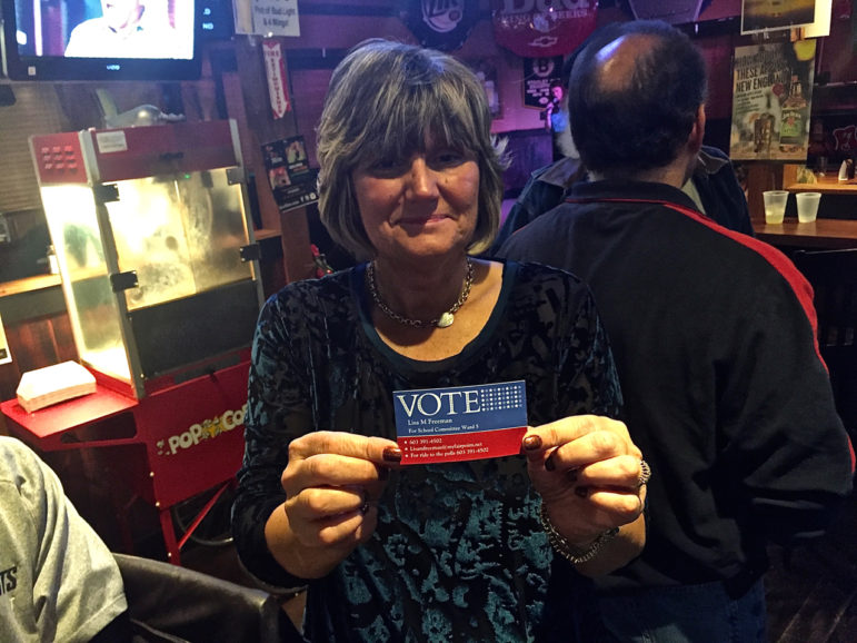 Lisa Freeman, running for school committee in Ward 5, was ready to campaign at karaoke night.