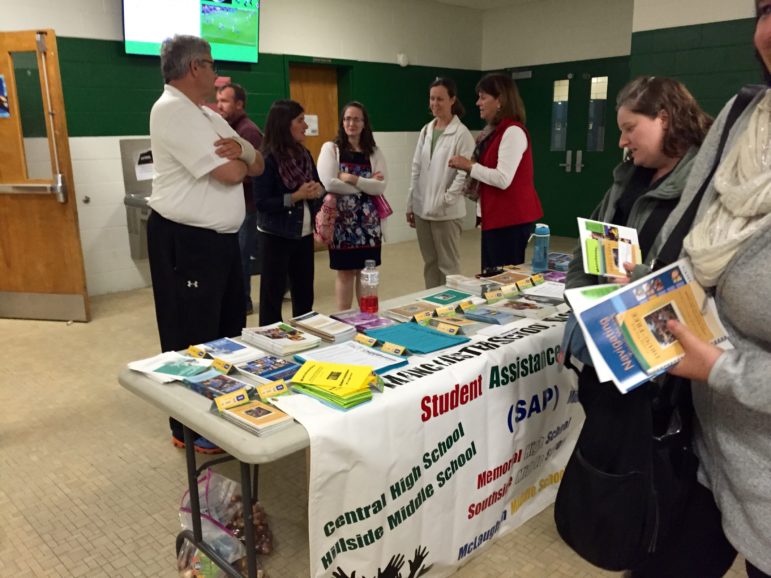 Counselors from the district's Student Assistance Program had a table with brochures for parents in the lobby at Hillside Middle School.