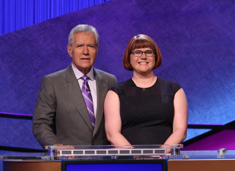 Jeopardy host Alec Trebec with Kerry Greene of Manchester.