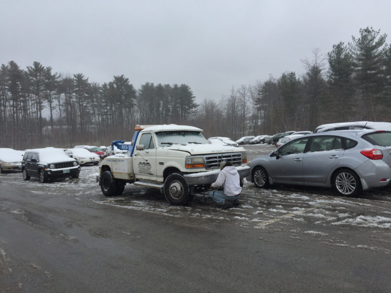A tow truck was towed in after it was found illegally parked during Tuesday night's snow emergency. 