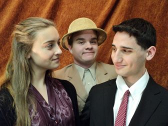 From left, Lydia Barrett (of Goffstown) as Elaine Harper, Pat Manning (of Bedford) as Teddy Brewster and Daniel Haas (of Londonderry) as Mortimer Brewster. 