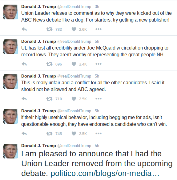 Series of Tweets posted by Trump on Sunday Jan. 10.