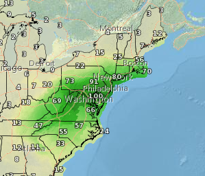 Green = precipitation for Saturday Jan. 23.