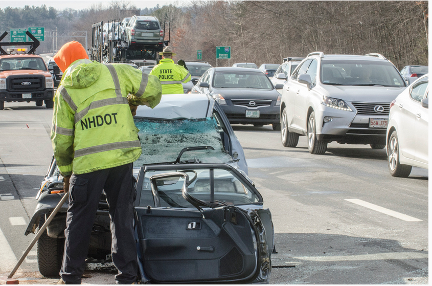 Aftermath of serious accident on I-293 at the Manchester/Bedford line on Feb. 17.