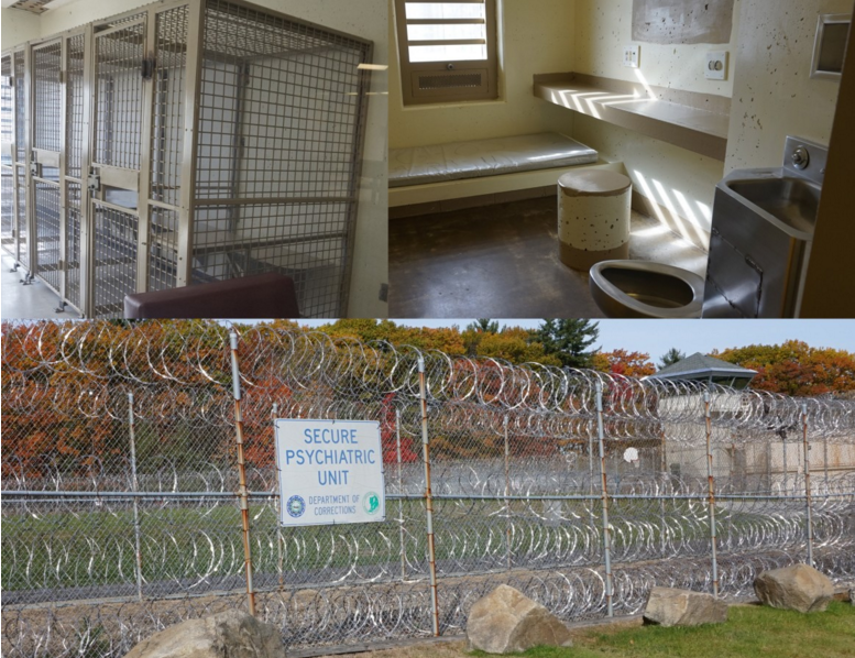 Photos of the Secure Psychiatric Unit of the State Prison for Men in Concord. Top left photo shows metal booths where some mentally ill patients receive group therapy. Top right shows a typical room at SPU. Below photo shows the prison fencing outside the unit.