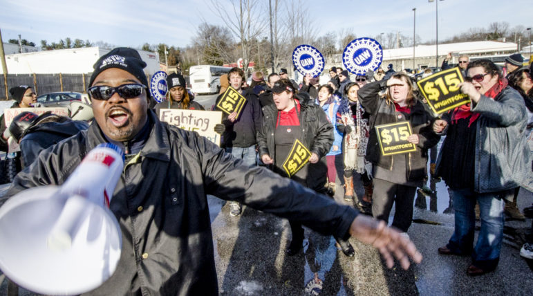 Fast food workers and union members protest on South Willow Street Feb. 5, 2016.