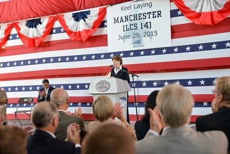 U.S. Senator Jeanne Shaheen addresses attendees at the keel laying of the USS Manchester on June 29, 2015