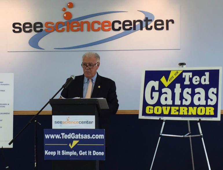 Mayor Ted Gatsas speaks during a presentation of his education plan at the SEE Science Center on July 11.
