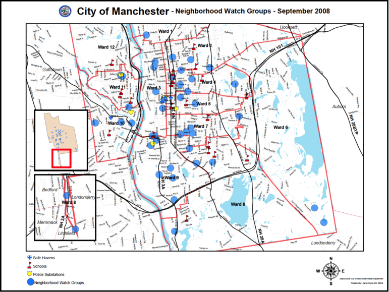 Manchester active Neighborhood Watch Group ward map.