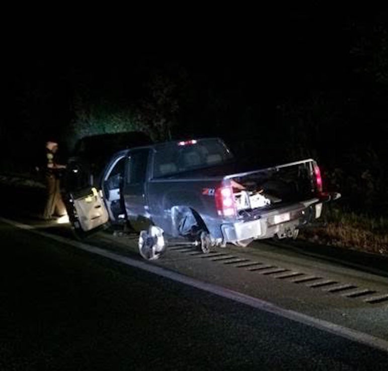 Stolen truck disabled by spike strips following a pursuit on I-93.