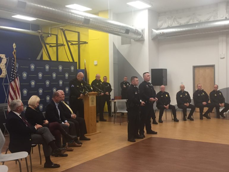 Officers Ryan Hardy and Matt O'Connor receive Medal of Valor awards during a ceremony at the Police Athletic League center on Nov. 7. Officer Matt O’Connor