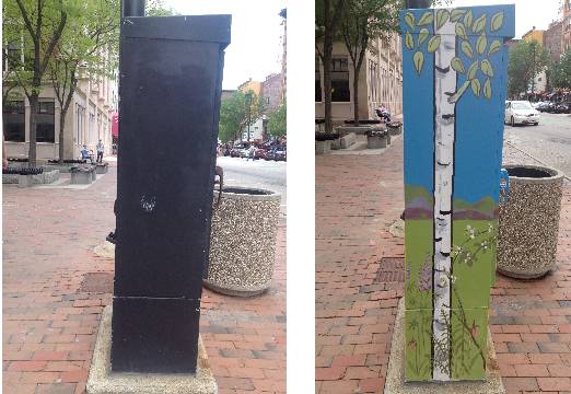 Before and after: Nancy Welsh transformed the rusted utility box into art.