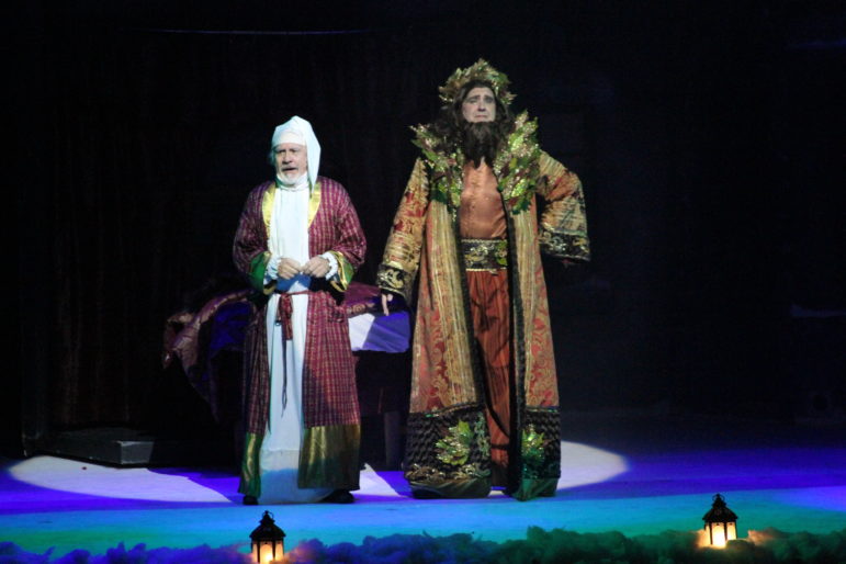 George Piehl, left, will reprise the role of Ebinezer Scrooge, and Stuart Harmon as the Spirit of Christmas Present ,for the Palace Theater's final performance this season of "A Christmas Carol. 