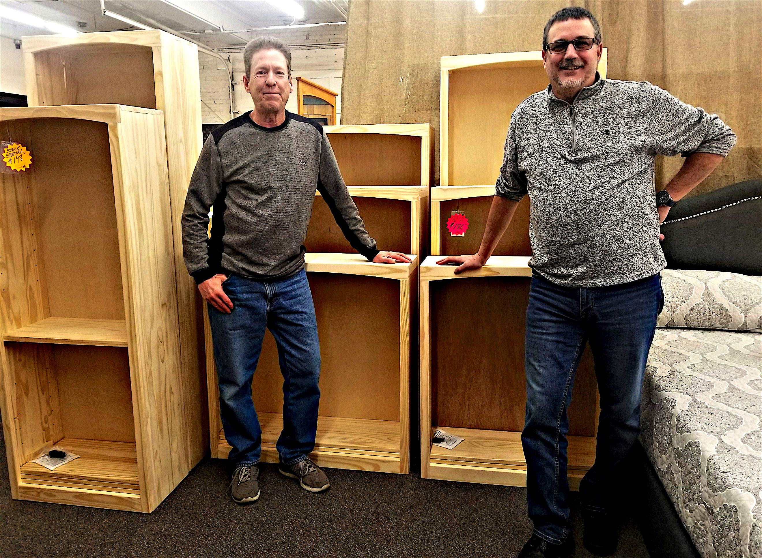 Mark and Randy with Unfinished Bookshelves March 2018 RIBBET 1