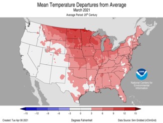 March 2021 US Average Temperature Departures from Average Map