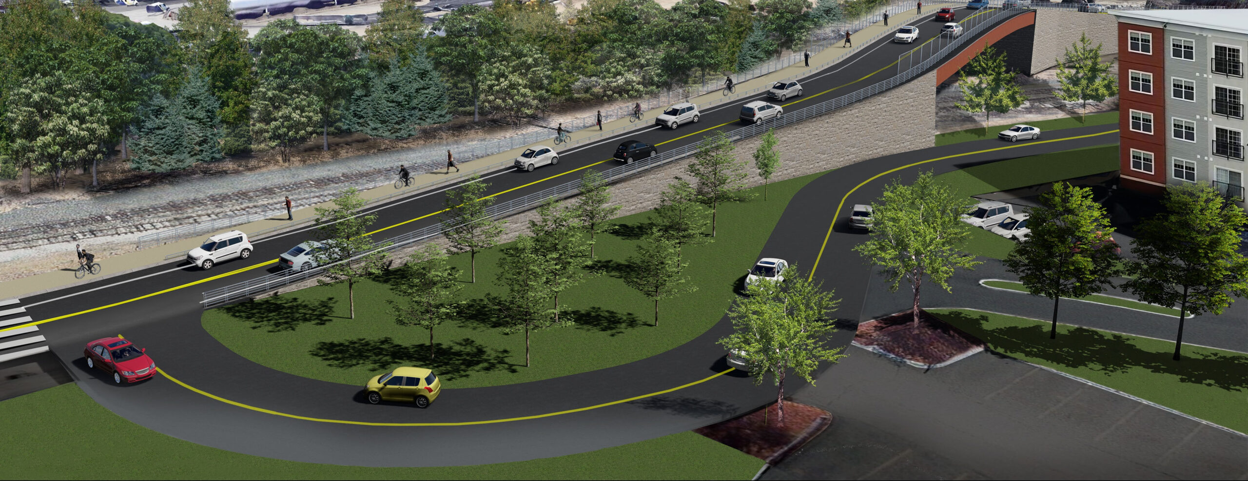 Alongside a new pedestrian bridge over Granite Street, a new roadway connector from Elm Street to Willow Street, a completed half-mile of rail trail and a new ‘peanut roundabout’ on South Willow Street, the biggest part of RAISE Manchester will be a new South Commercial Street Extension (pictured) that extends south from the Northeast Delta Dental Stadium area to a new bridge that offers egress over the active CSX rail line, even during active train crossings.