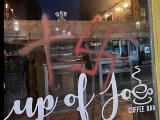 Swastika and a cross were spray painted on the window of Cup of Joe’s Coffee Bar on Market Street on Feb. 21. Portsmouth police photo