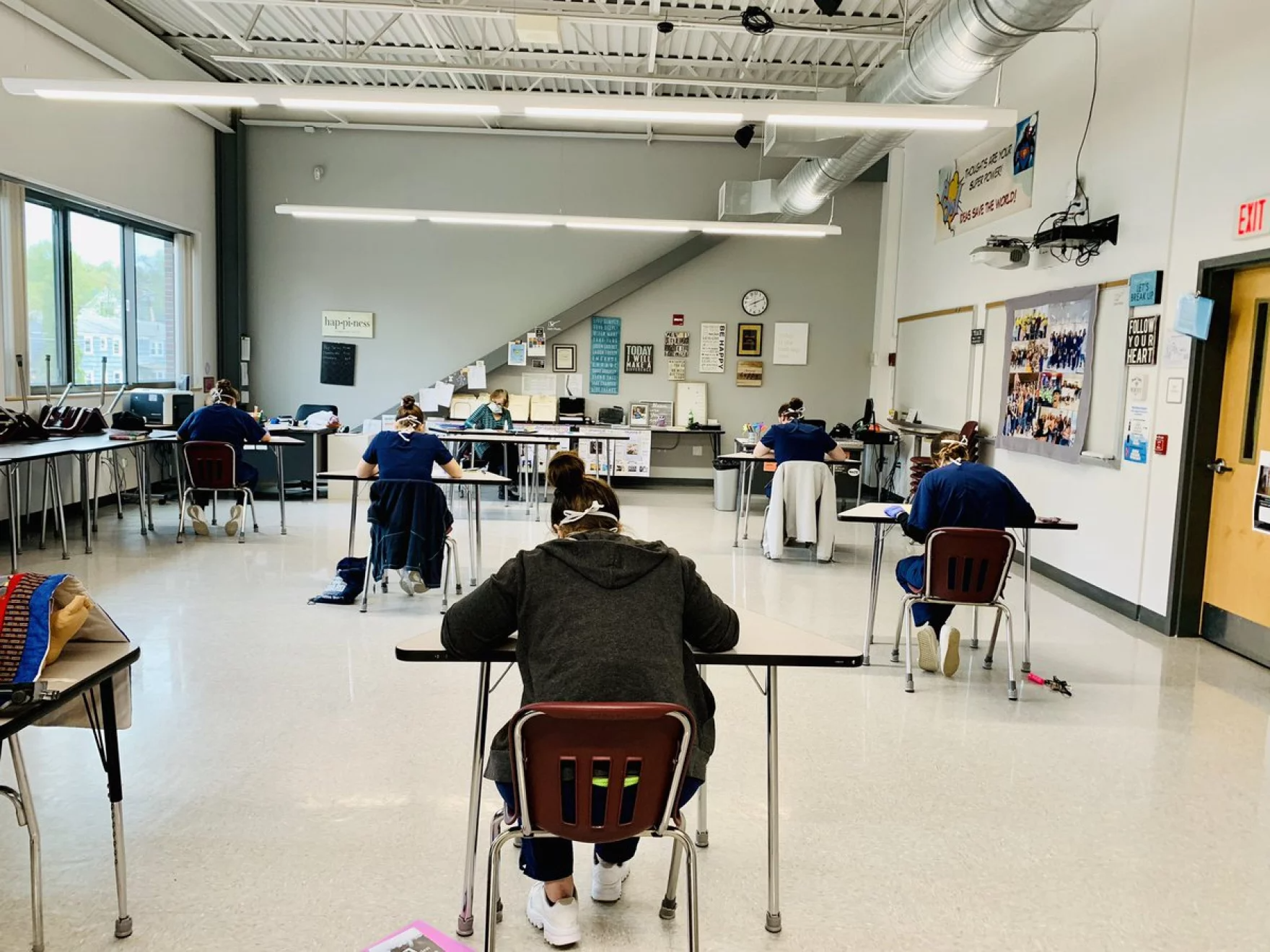 Licensed nursing assistant (LNA) students at Huot Career and Technical Center in Laconia took socially distanced licensing exams in the early months of the COVID-19 pandemic. 